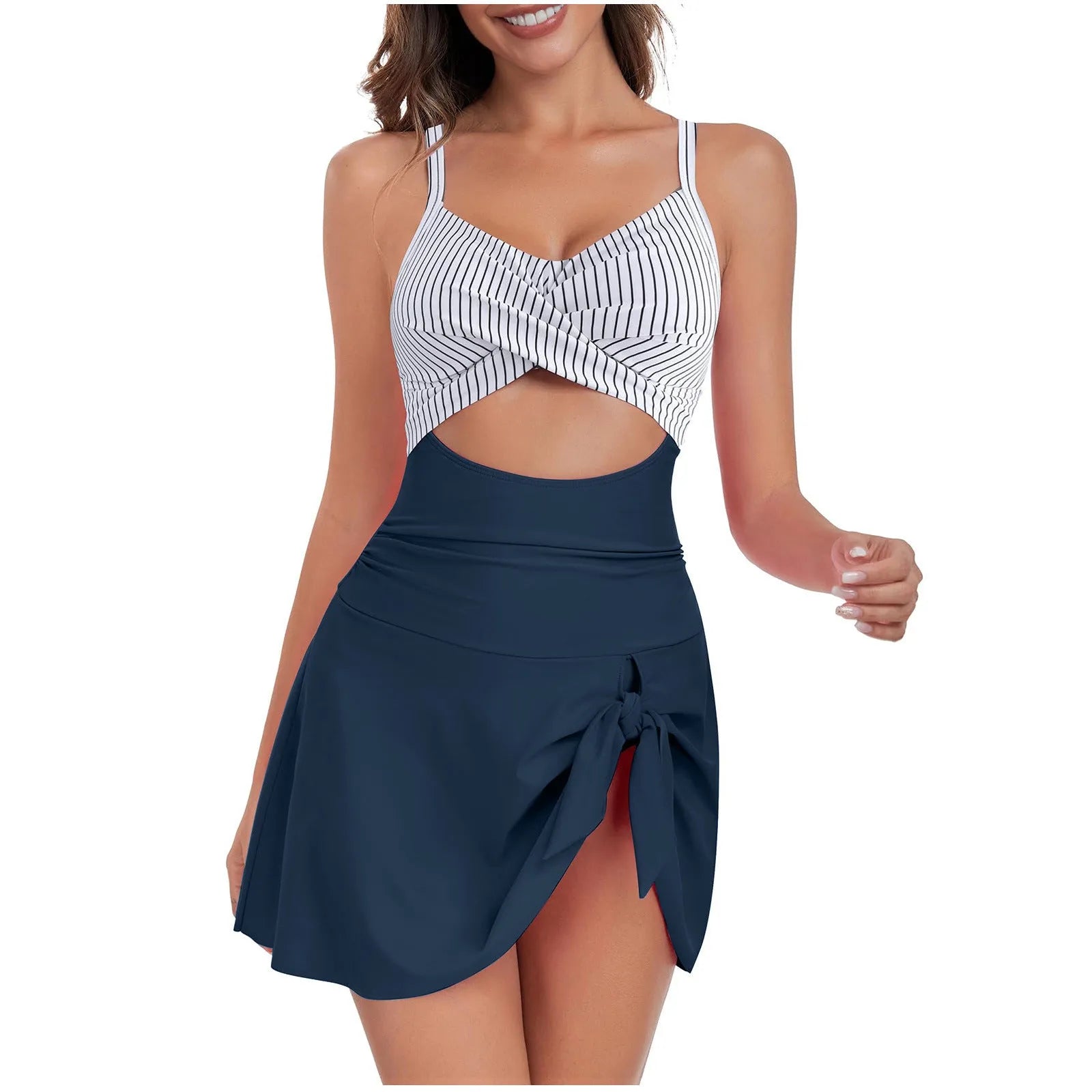 Women's solid colour one-piece swimsuit dress with adjustable straps on a mannequin, shown in pink rose red.