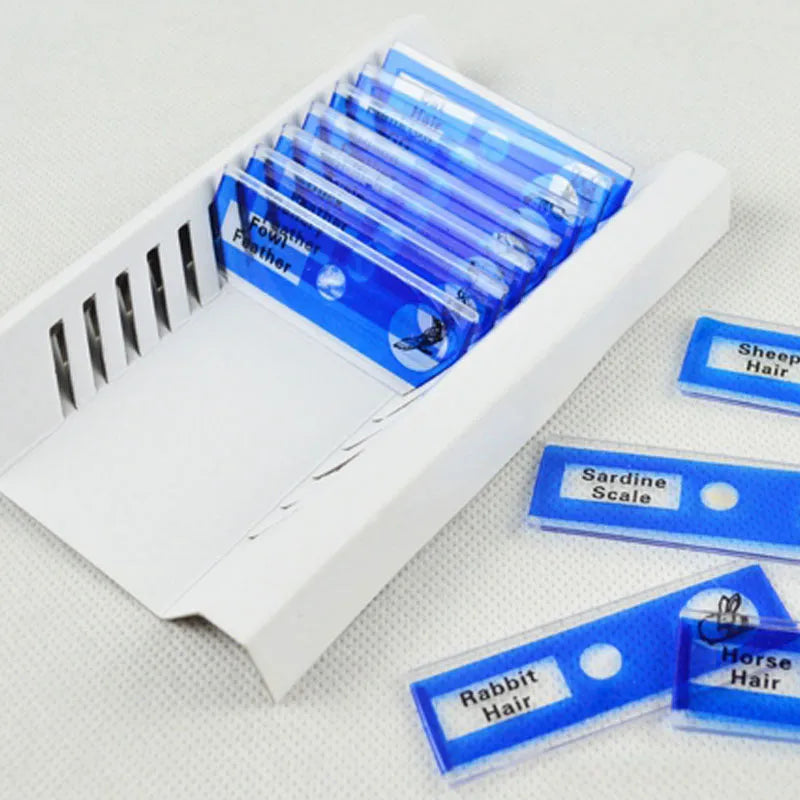 48-piece educational microscope slide set with colour-coded boxes containing plant and animal specimens.