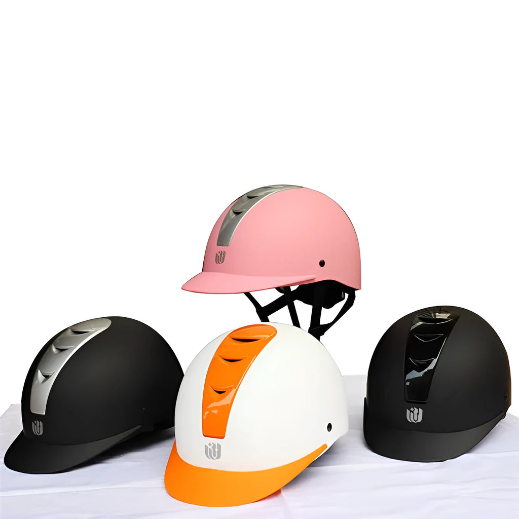 Lightweight equestrian helmet in silver black colour with ABS shell, shown from side view
