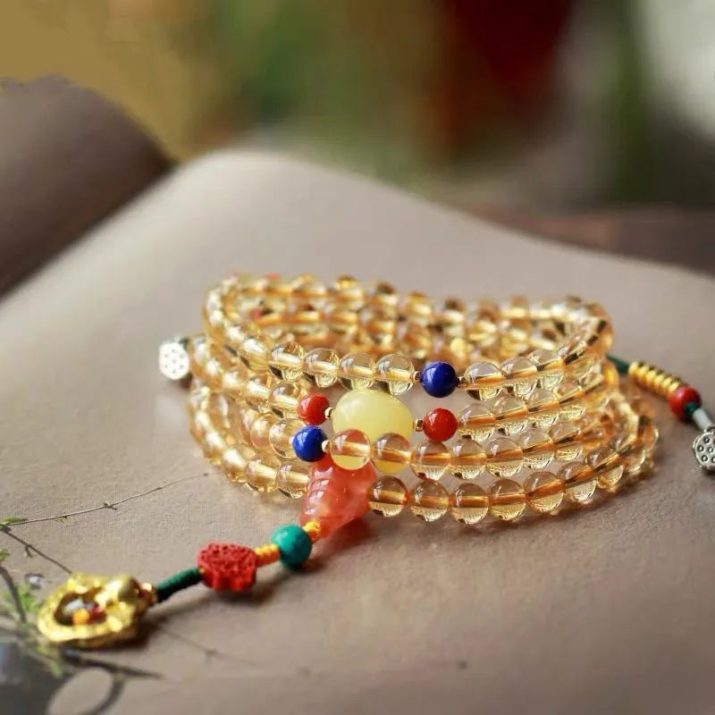 Yellow Brazil natural citrine bracelet with 1mm beads and filament accessories