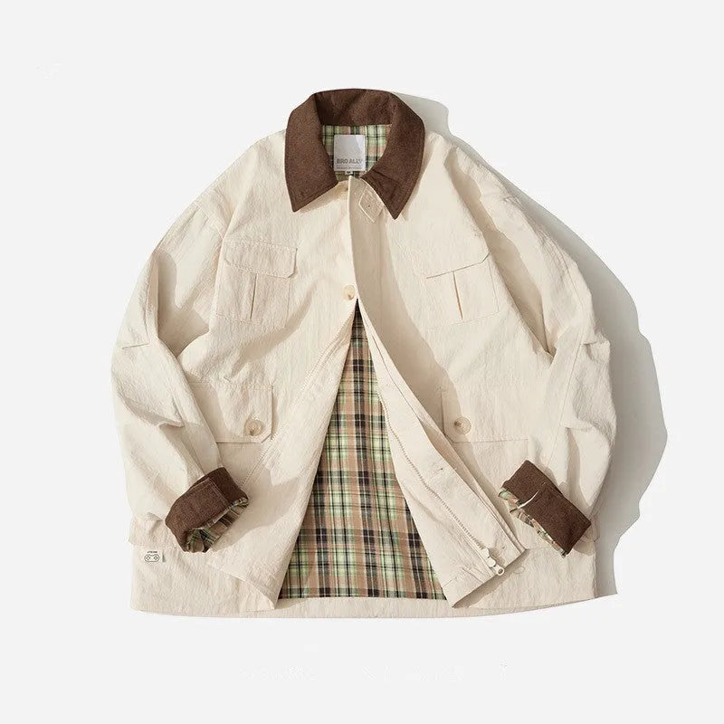Green or apricot casual jacket with side seam pockets, long sleeves, sizes M to XXXL