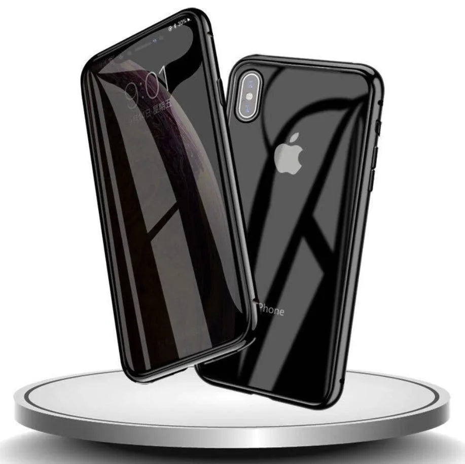 Anti-spy phone case in clamshell design with geometric pattern, available in multiple colours for iPhone