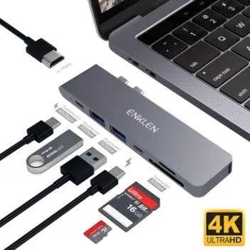 Aluminium Type C adapter with SD and Micro SD card slots, HDMI, USB ports measuring 115mm