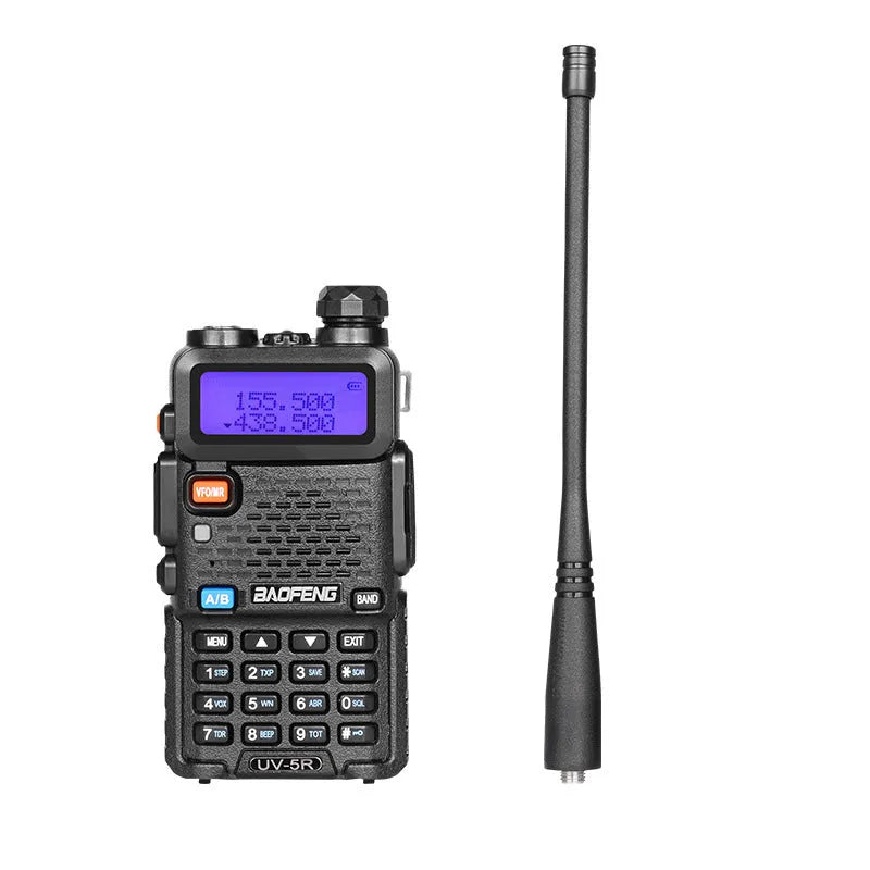 Dual-band VHF UHF walkie talkie with 5-10 km range, 128 channels, and compact 110x58x32 mm size