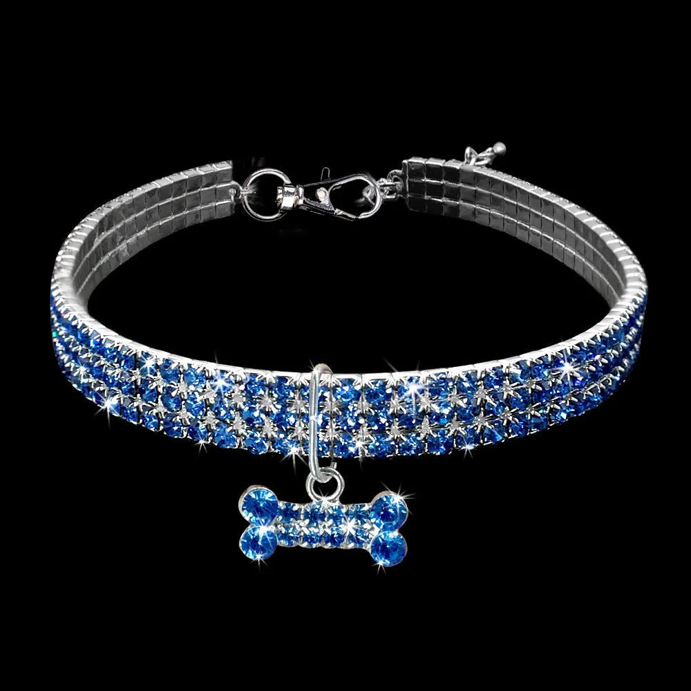 Rhinestone dog collar with crystal pendant in blue, white or pink for small dogs and cats