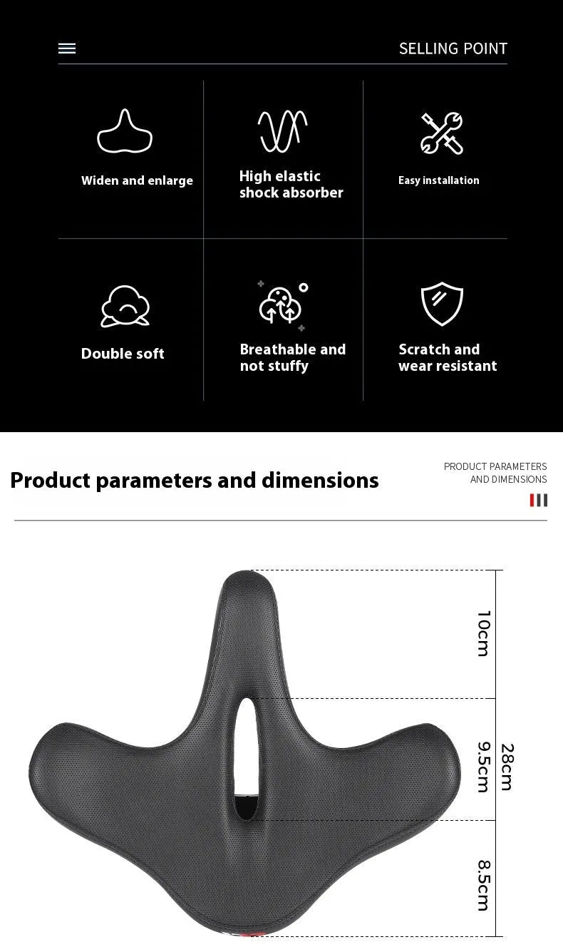 Black bicycle seat cushion with 3cm polyurethane foam padding for shock absorption on mountain bikes