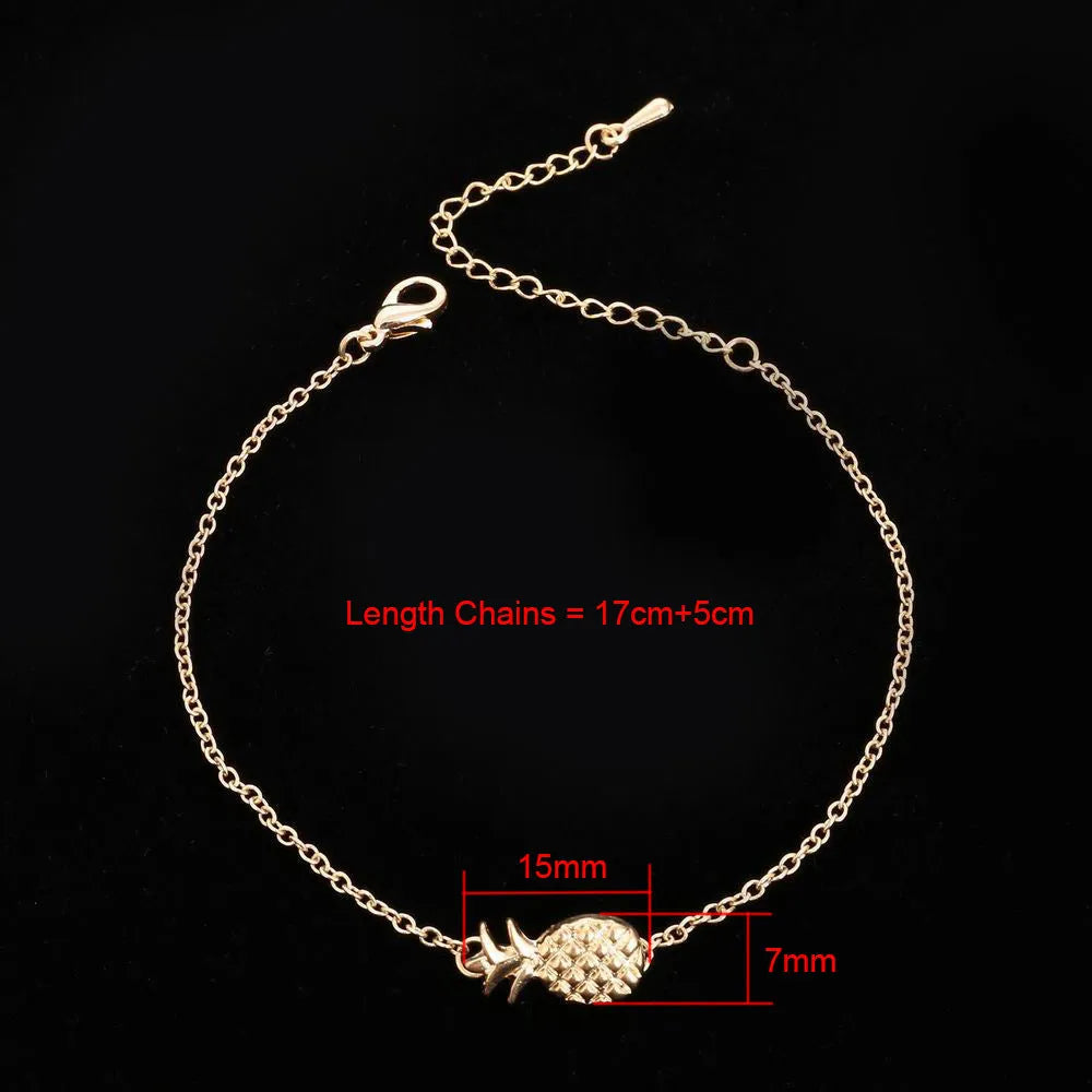Adjustable women's pineapple bracelet with alloy fruit charm in gold or silver finish, showing clasp and chain details