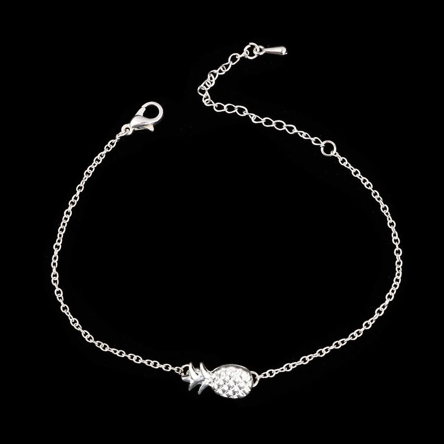 Adjustable women's pineapple bracelet with alloy fruit charm in gold or silver finish, showing clasp and chain details