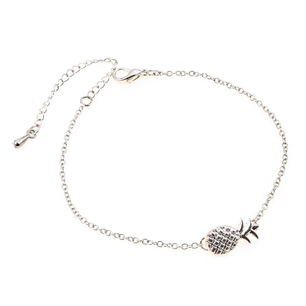 Adjustable women's pineapple bracelet with alloy fruit charm in gold or silver finish, showing clasp and chain details