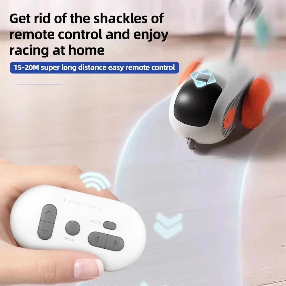 Blue interactive smart cat toy with remote control and feather teaser for automatic and controlled pet play