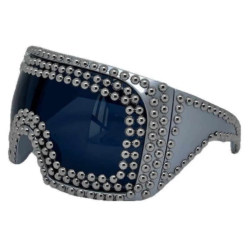 Men's silver punk sunglasses with large square frame and rivet details for UV protection