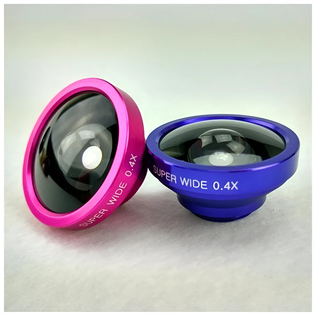 Black aluminium alloy 3-in-1 phone camera lens kit with fisheye, wide angle, and macro lenses next to a universal clip.