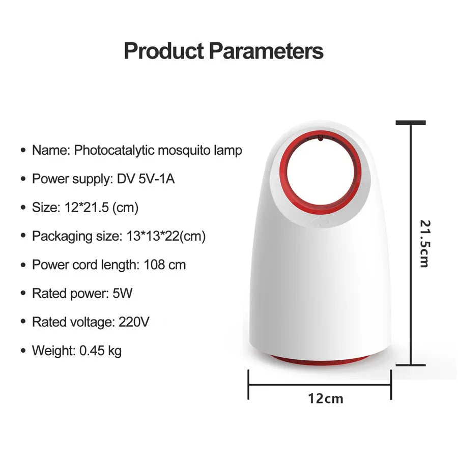 Black or white ABS plastic mosquito killer measuring 12x12x21.5cm with UV LED light and USB cable