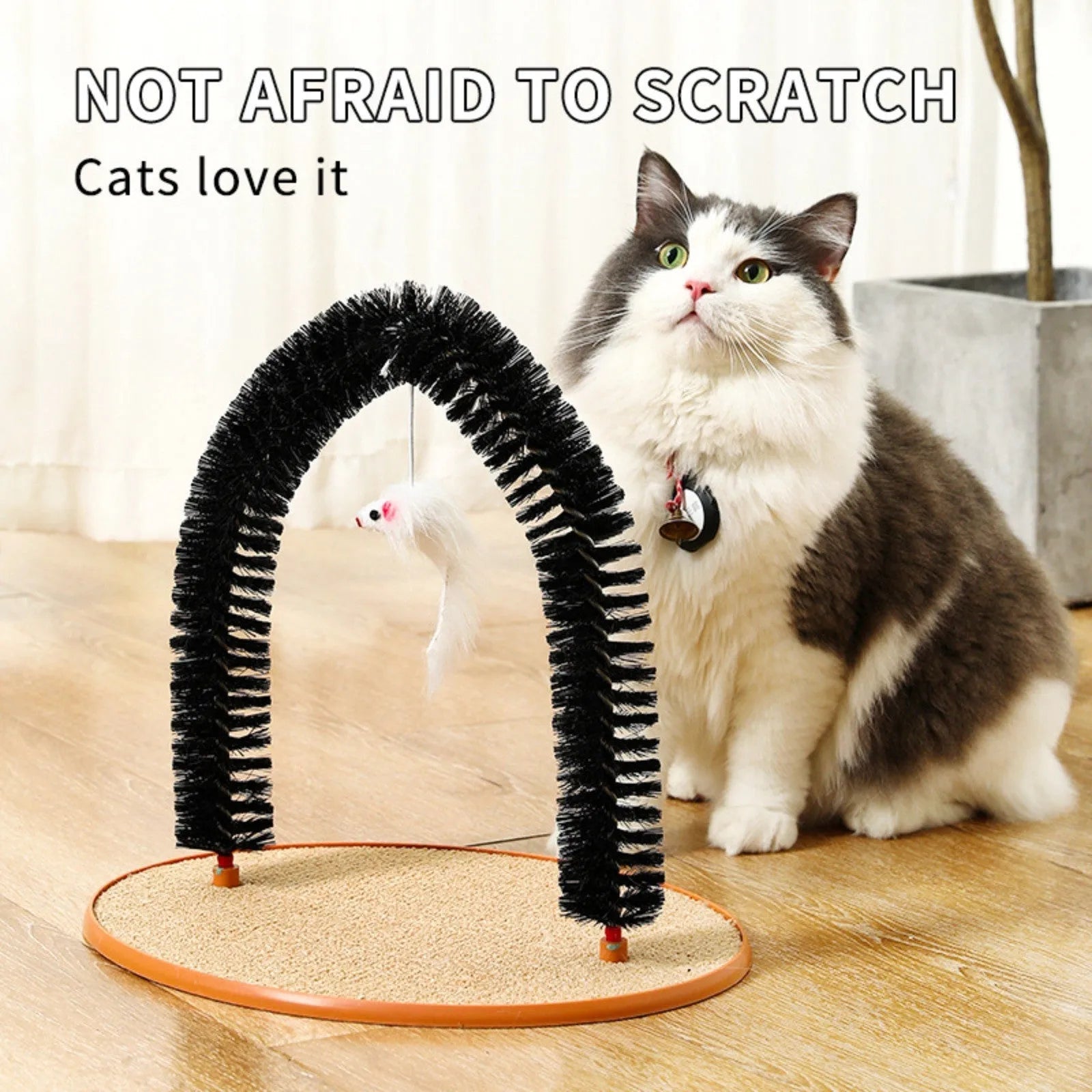 Black arch-shaped cat scratching brush with mouse toy attachment on non-slip base