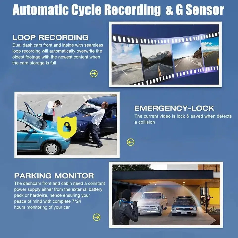 Black G50 dashboard camera with 3-inch screen mounted on car windshield showing wide road view