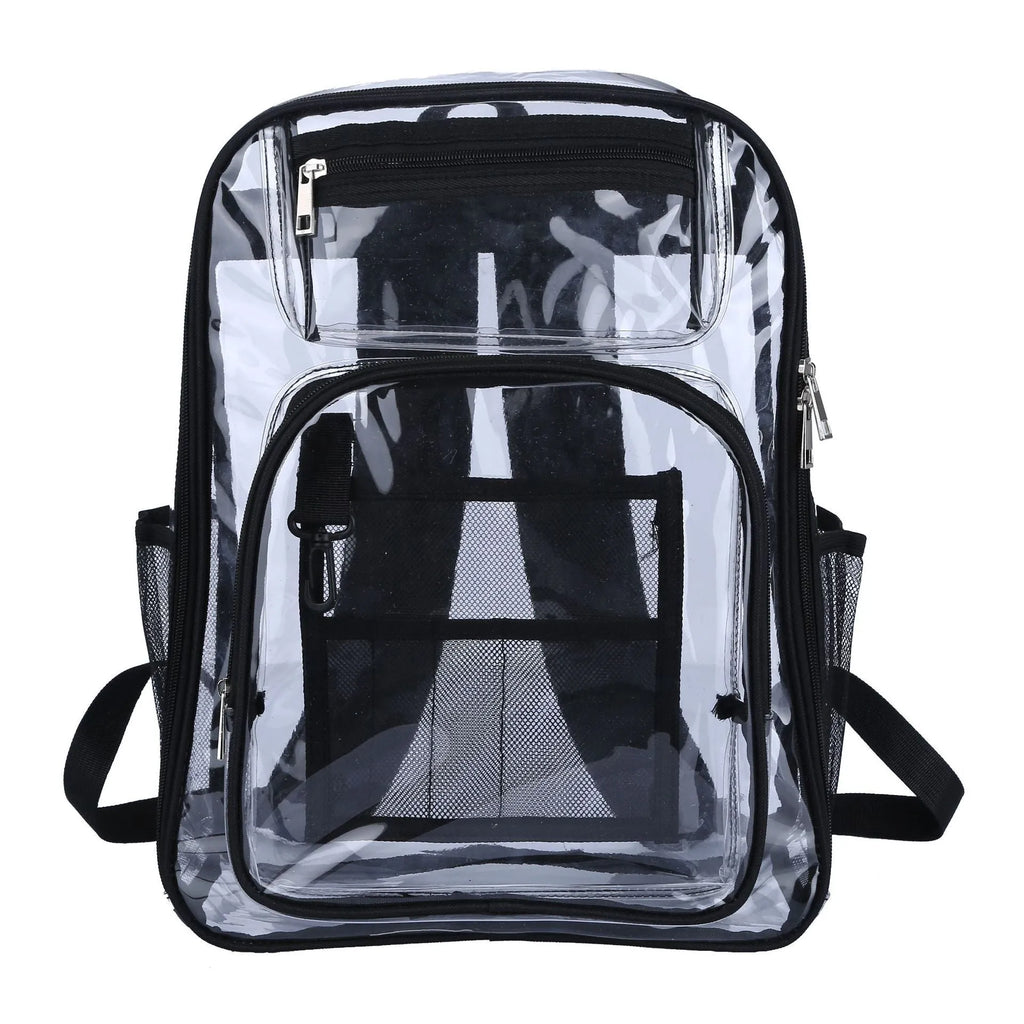 Transparent PVC waterproof backpack with a coloured inner voile bag, showing dimensions of 30cm by 16cm by 44cm.
