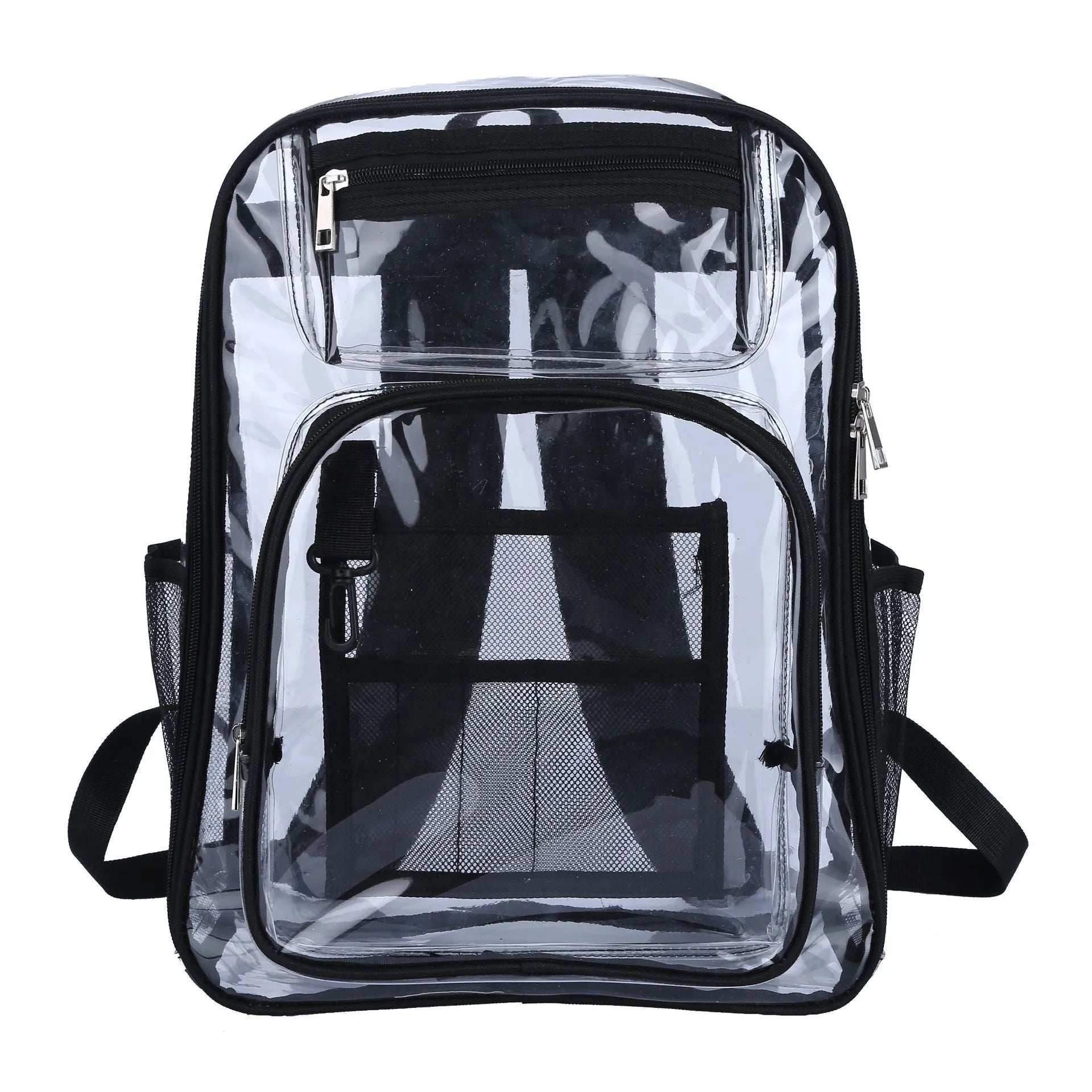 Transparent PVC waterproof backpack with a coloured inner voile bag, showing dimensions of 30cm by 16cm by 44cm.