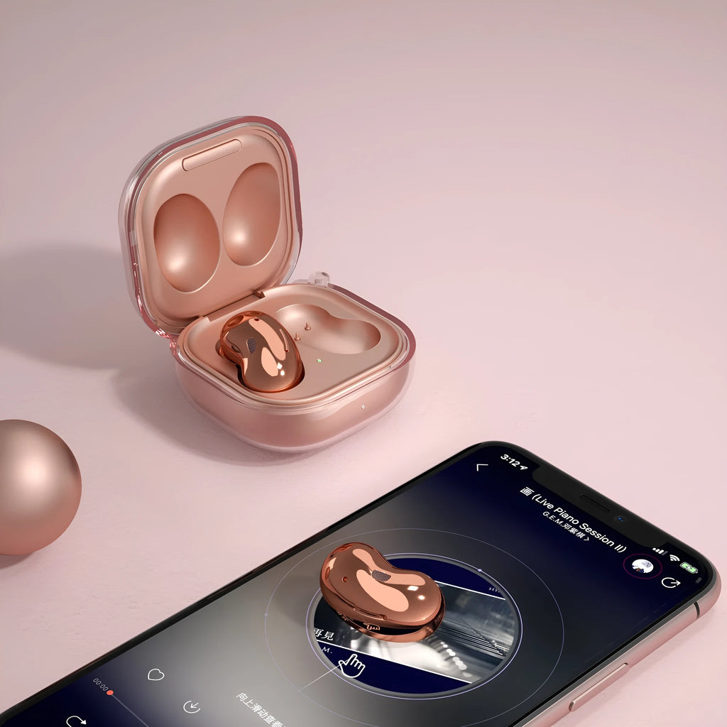 Translucent clamshell-style plastic case for Bluetooth earphones in four colour options.