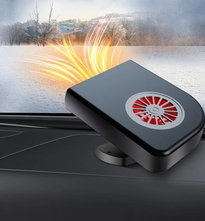 Black vehicle-mounted heater measuring 11x6.5x14cm with 360-degree rotation mount for windscreen defrosting
