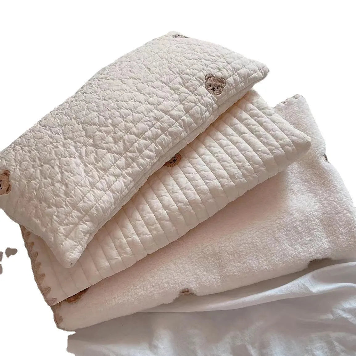 Simple bear pattern dog bed set with square mattress, pillow, and matching comforter