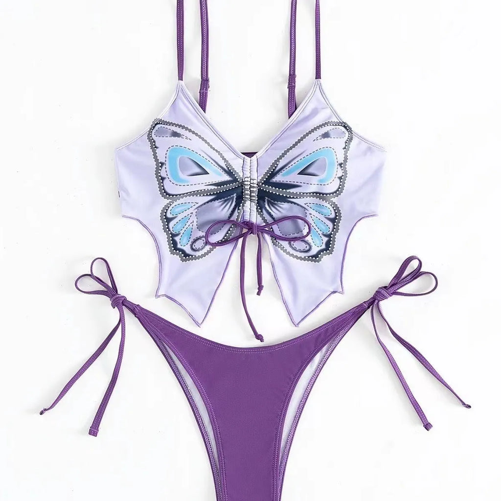 Women's bow ins style split bikini suit in purple, sleeveless design with European pattern for fitness and swimming
