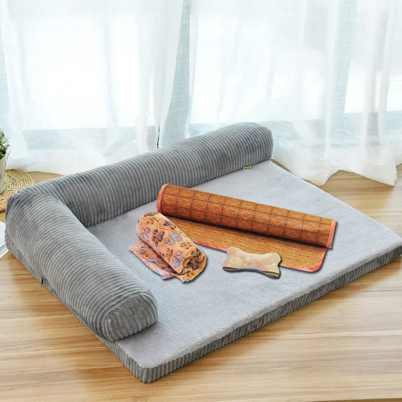 Corduroy pet sofa bed in grey with high-density sponge padding and non-slip base, size L for pets under 60 kg