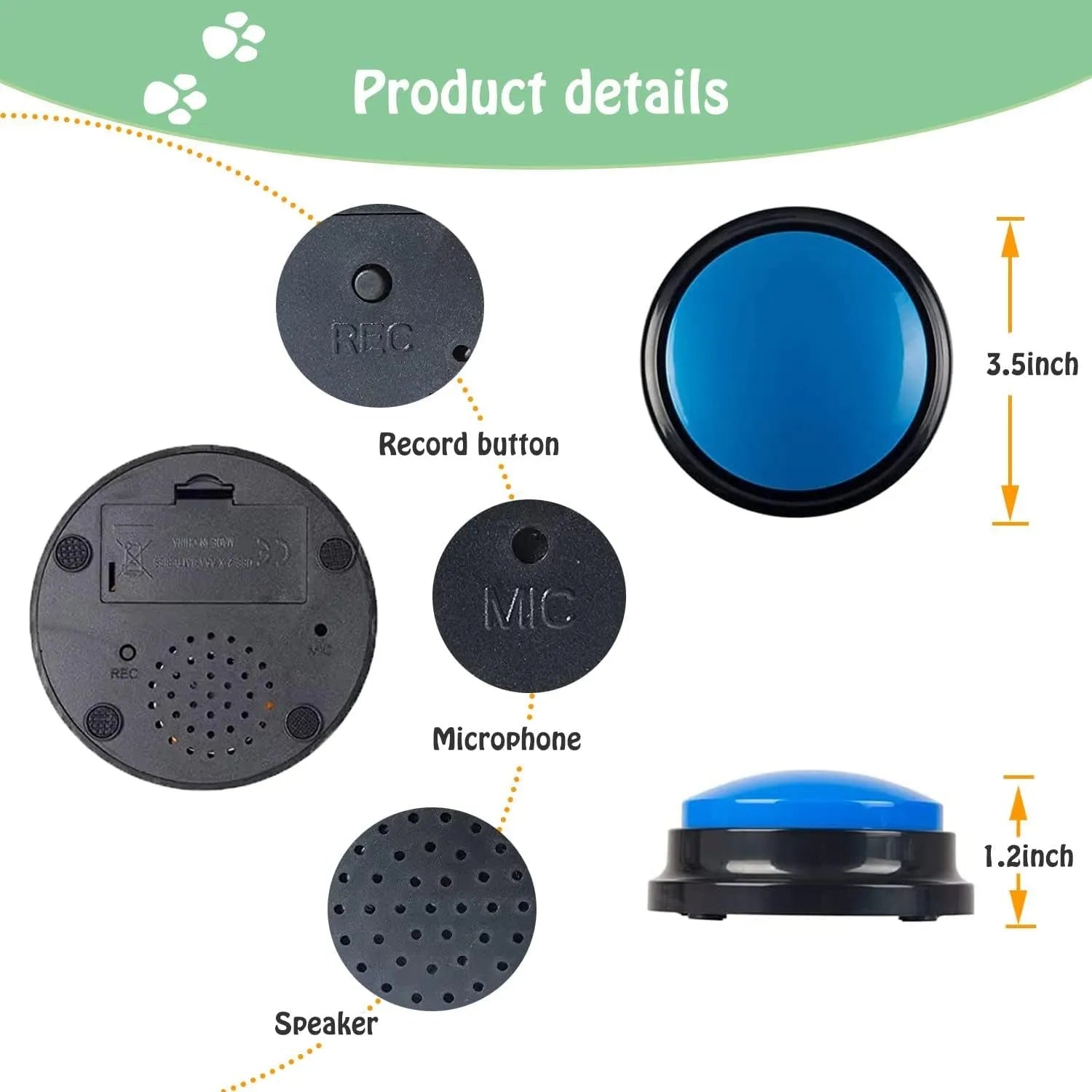 Voice recording dog training clicker device in multiple colour options showing record and playback buttons