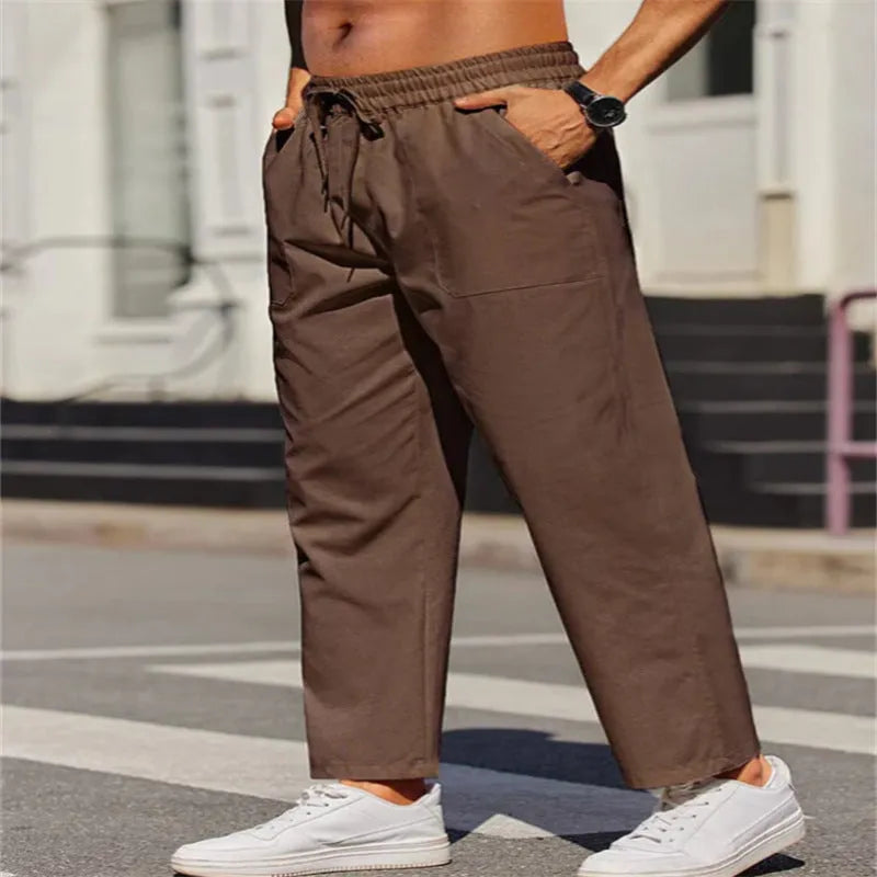 Men's linen straight leg trousers with elastic waistband in apricot colour