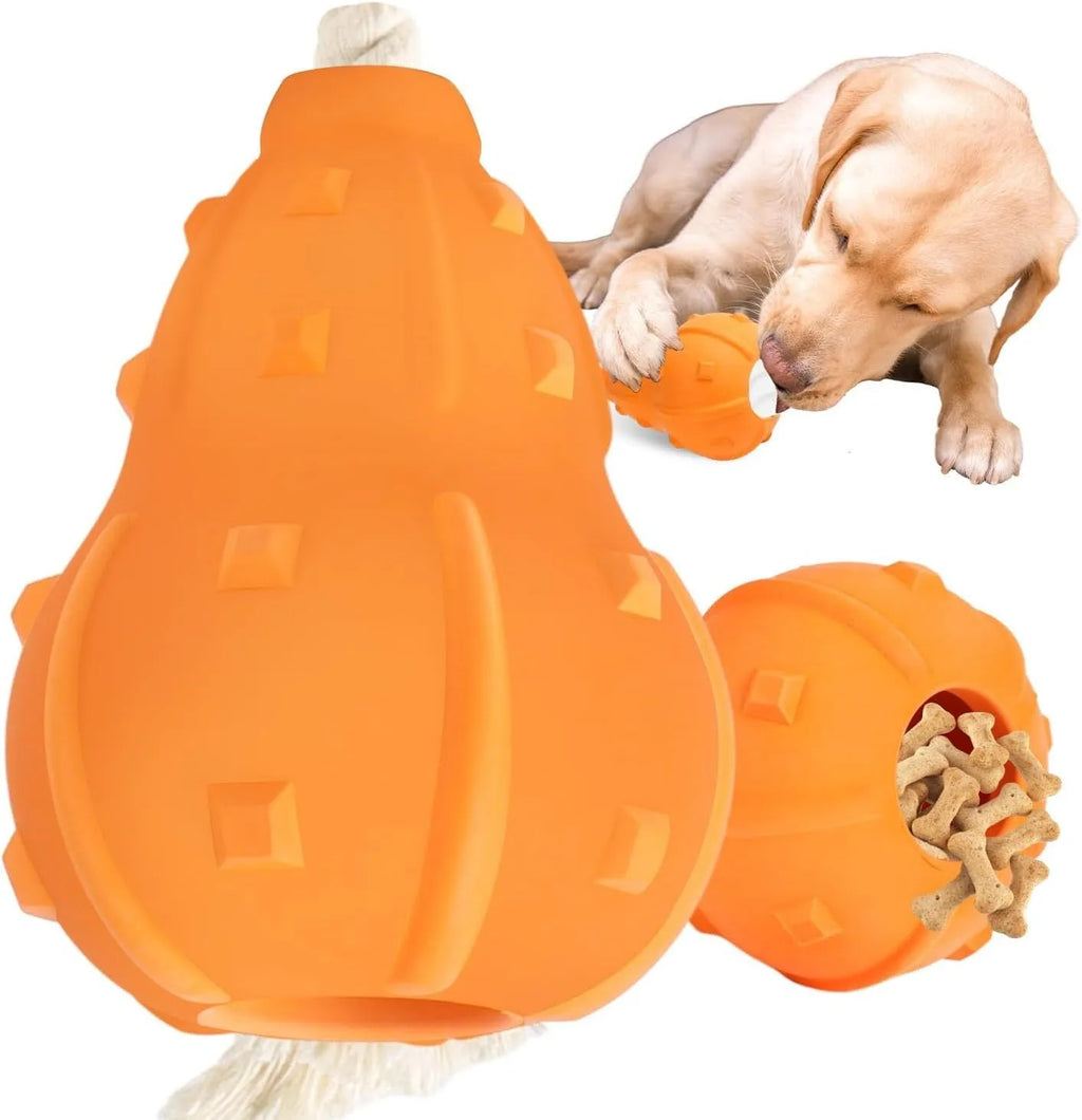 Stuffable dog toy in natural rubber, 30cm long with hollow interior for treats, designed for fetch and chew games