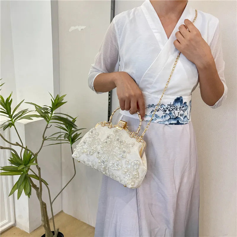 Pearl embroidered fashion handbag with double shoulder straps in horizontal square shape