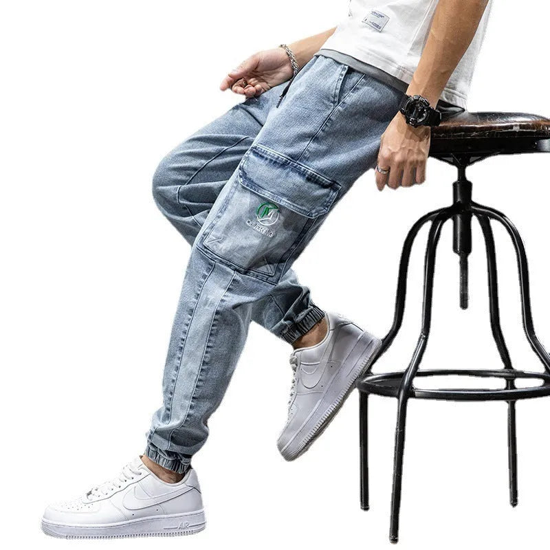 Men's loose cargo casual jeans in 2083 blue with straight-leg cut and micro-elastic cotton fabric