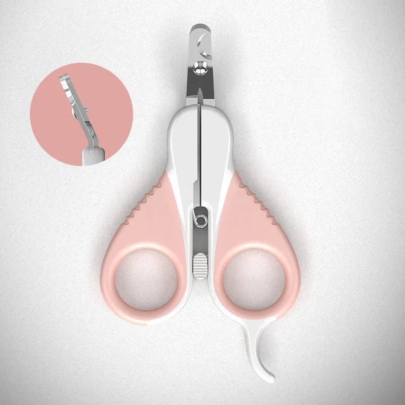 Grey and pink cat nail clippers with angled stainless steel blade and safety guard for pet grooming