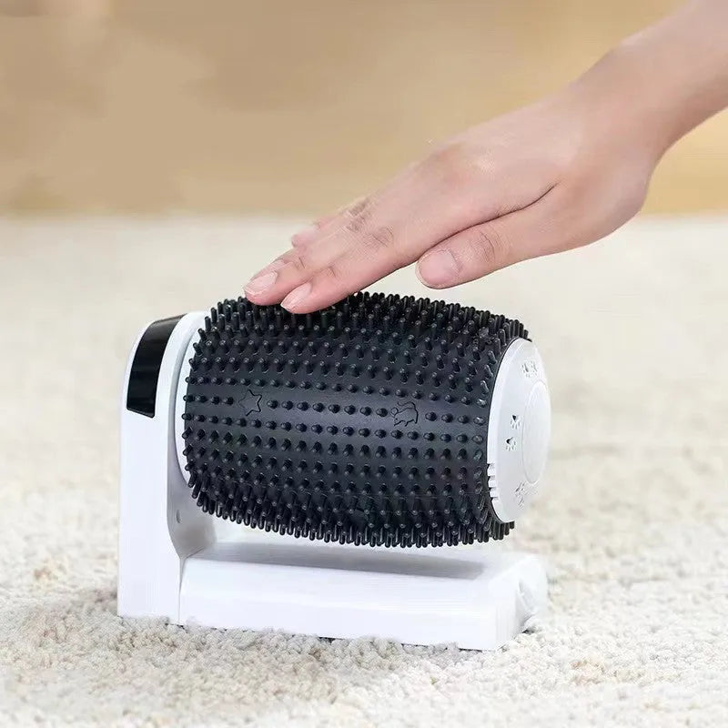 White automatic cat self-groomer wall corner brushes with scratching surfaces for feline independent grooming