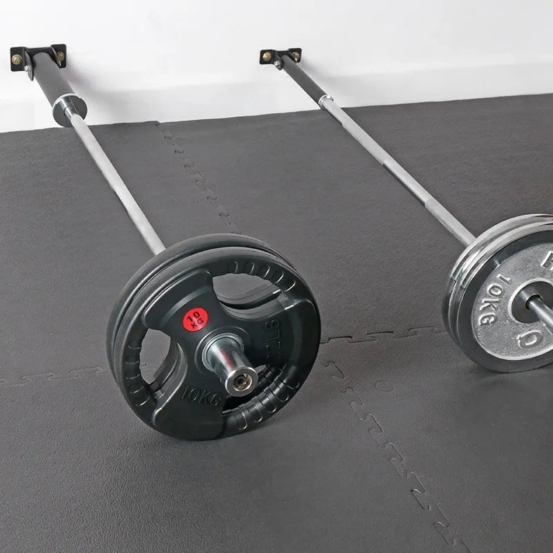 Wall-mounted steel barbell rack with 25 vertical tubes for storing gym rods, showing inner diameter options of 25mm and 50mm.