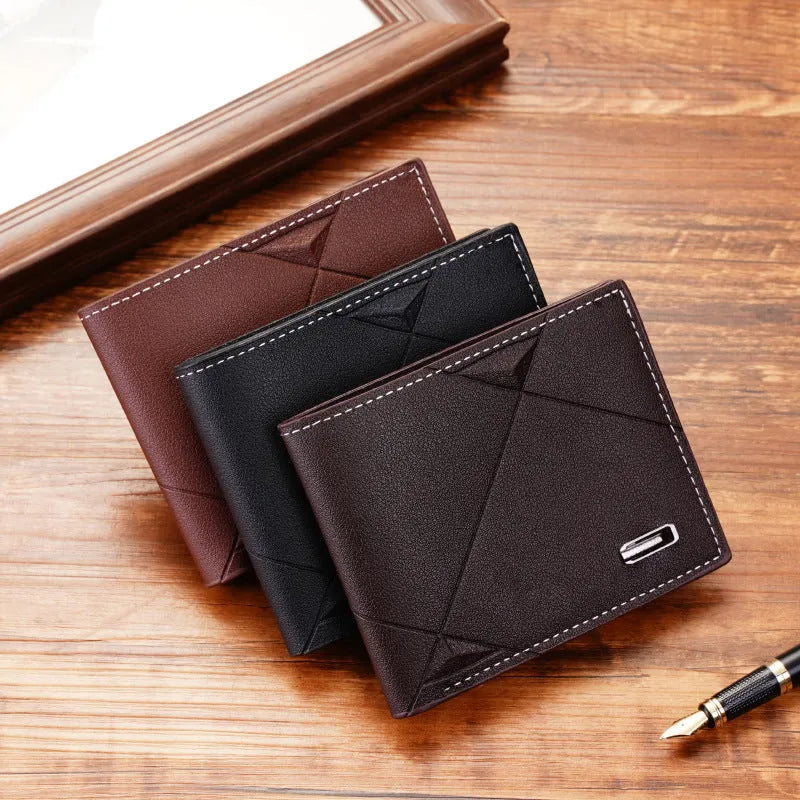 Men's thin black three-fold horizontal PU leather wallet showing multiple card slots