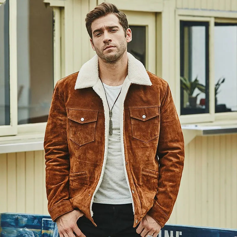 Men's brown pigskin leather jacket with cotton padding, lapel collar, single-breasted front, straight regular fit