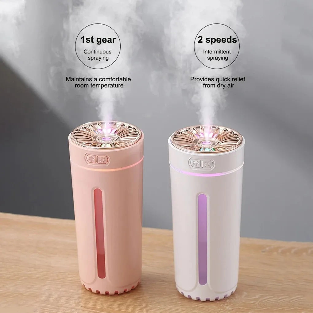 Black portable USB rechargeable humidifier with colourful LED lights on a car cup holder.