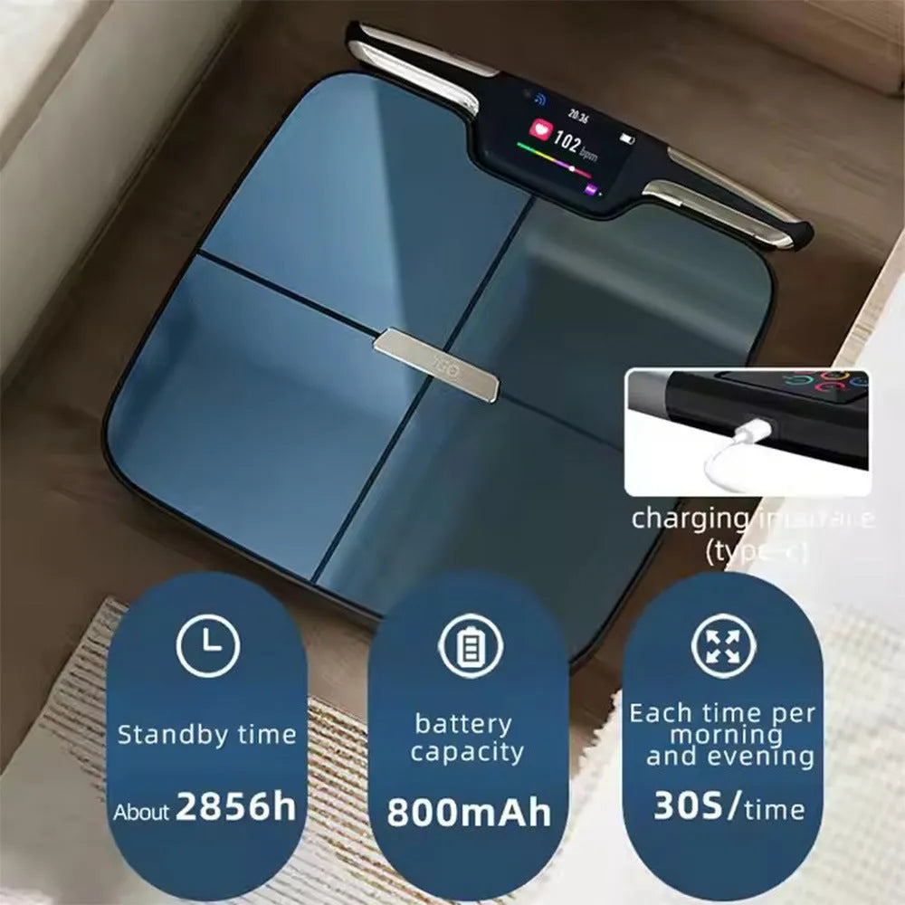 Black eight-electrode body fat scale measuring 45x45cm with built-in battery for weight, fat, calorie, and moisture tracking