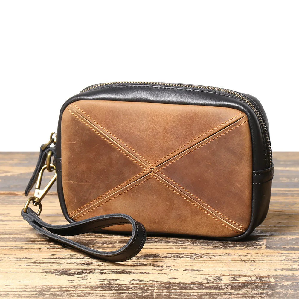 Unisex retro vintage brown first layer cowhide leather messenger bag with horizontal square shape and multi-layer zipper