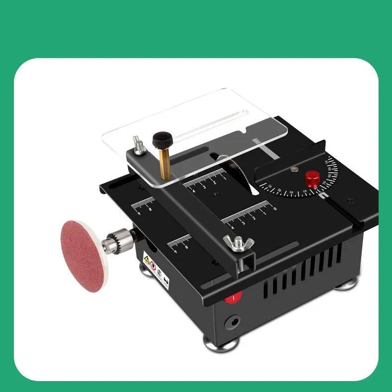 Lithium ion micro desktop saw with metal body and angle attachments for cordless cutting