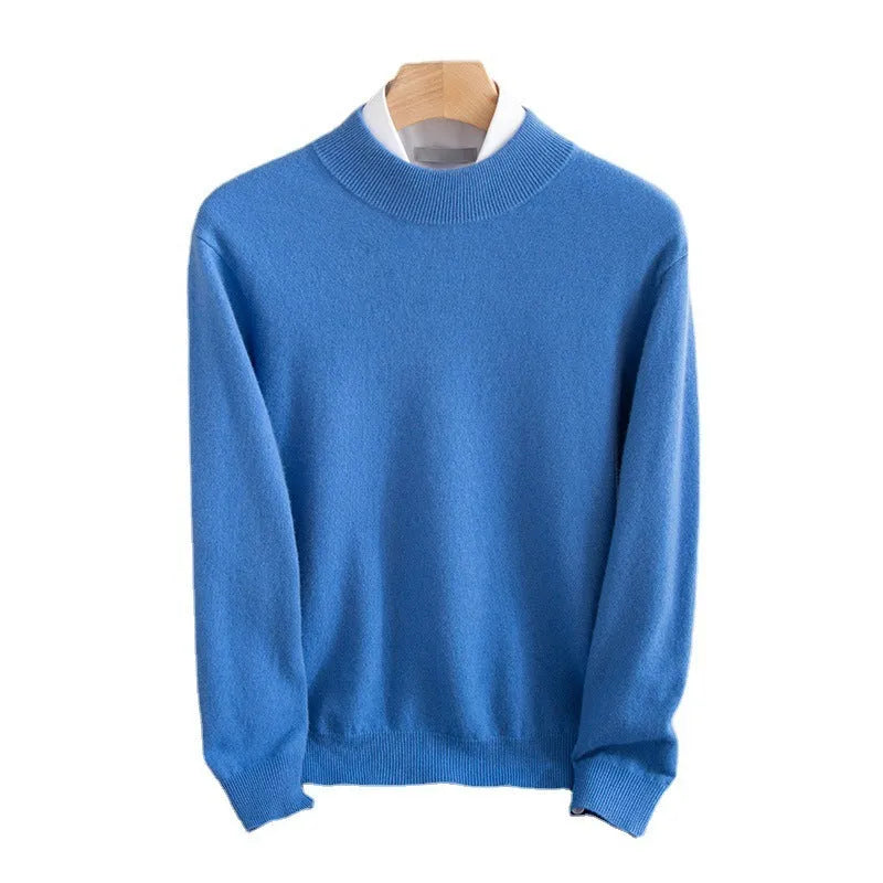 Men's half-collar wool sweater in loose fit showing texture of rough yarn wool