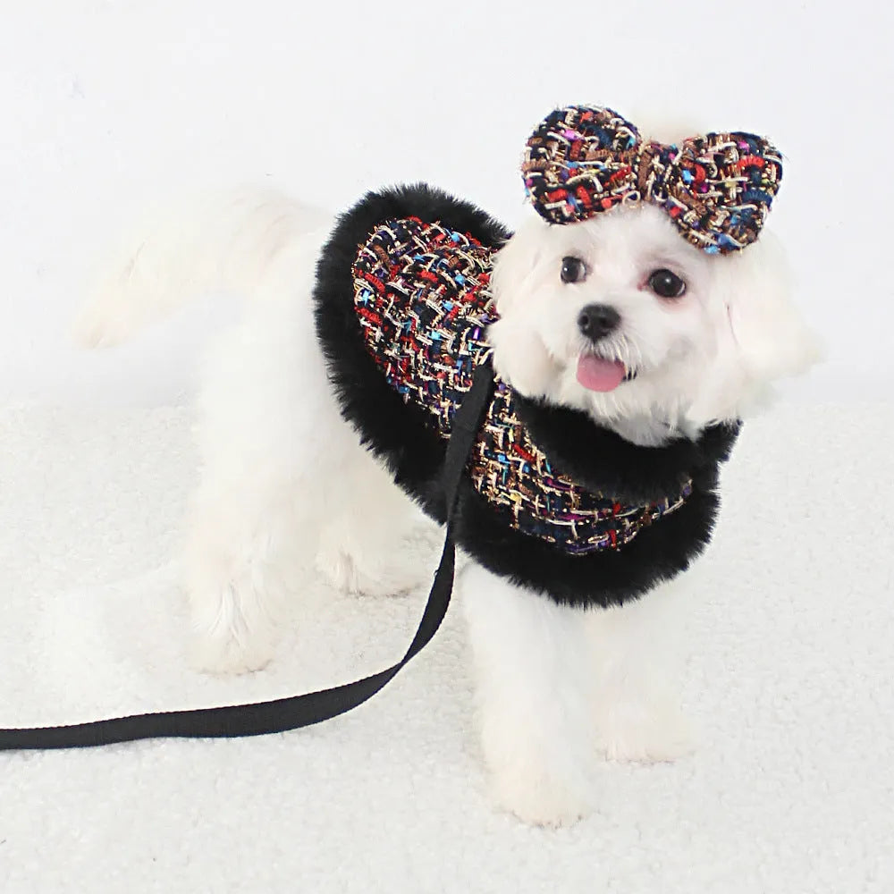 Classic style dog cloak attached to chest strap with integrated hand holding rope in beret, bow, and plain designs