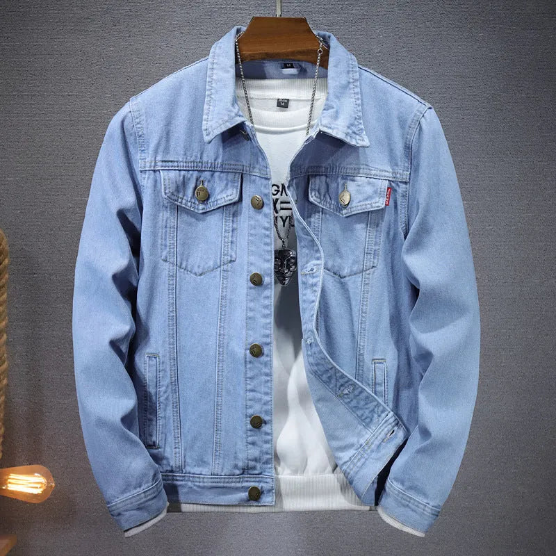 Men's denim coat in light blue or blue, loose cardigan style with round hem and side pockets, sizes M to 5XL