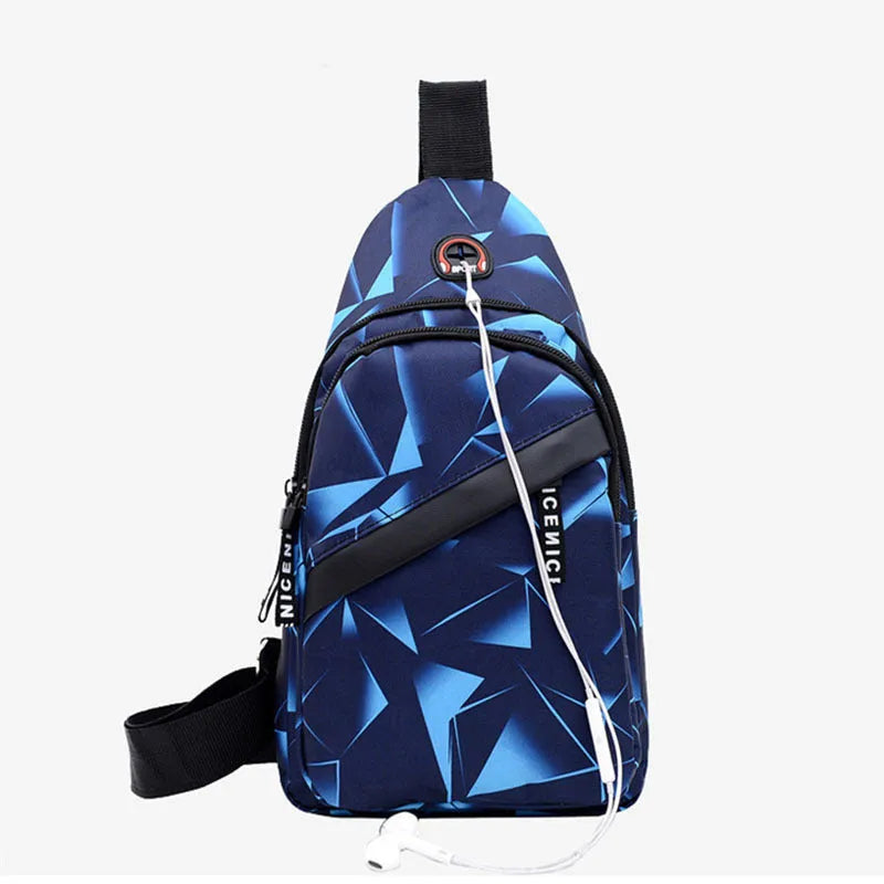 Men's crossbody chest sling bag in blue with earphone hole, zipper pockets, and soft handle, measuring 17x30x5cm