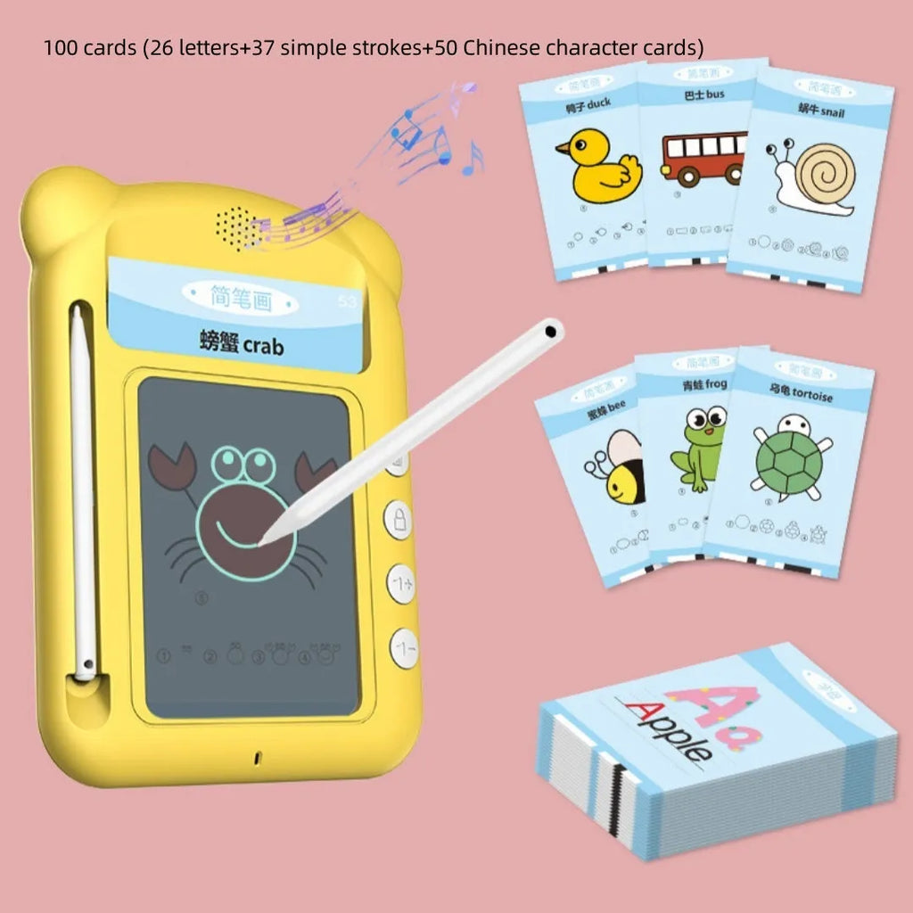 Yellow Creative Stick Figure Early Learning Machine V3 with educational cards on table
