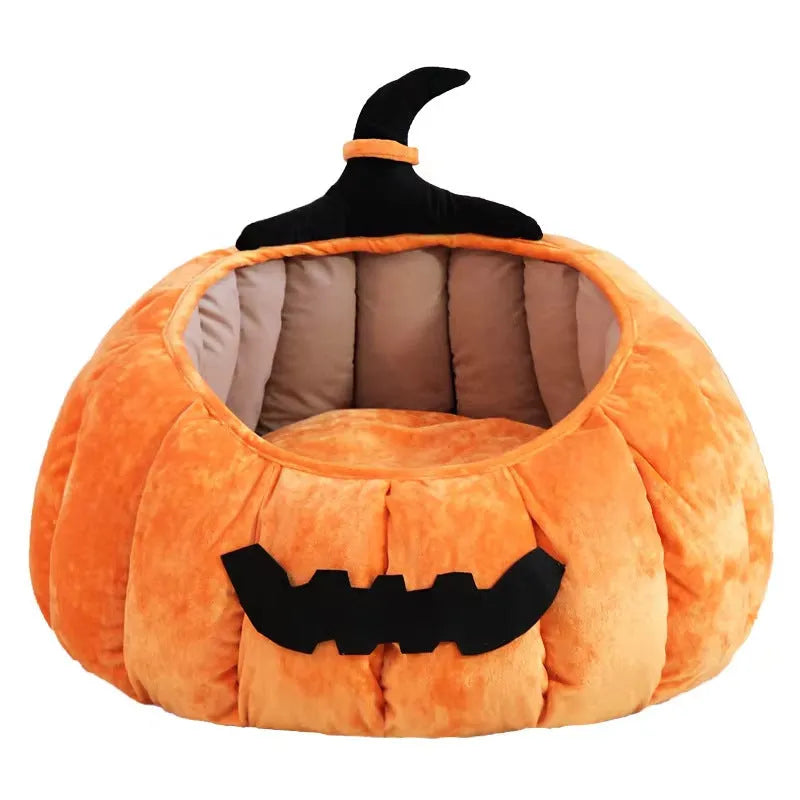 Halloween-themed cat bed with cartoon devil pumpkin design in soft plush material for small pets