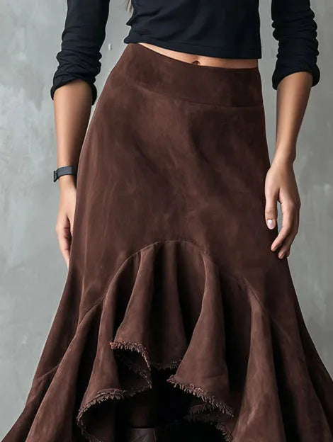 Brown women's maxi skirt with high-low hem and ruffle trim in eco-suede polyester fabric