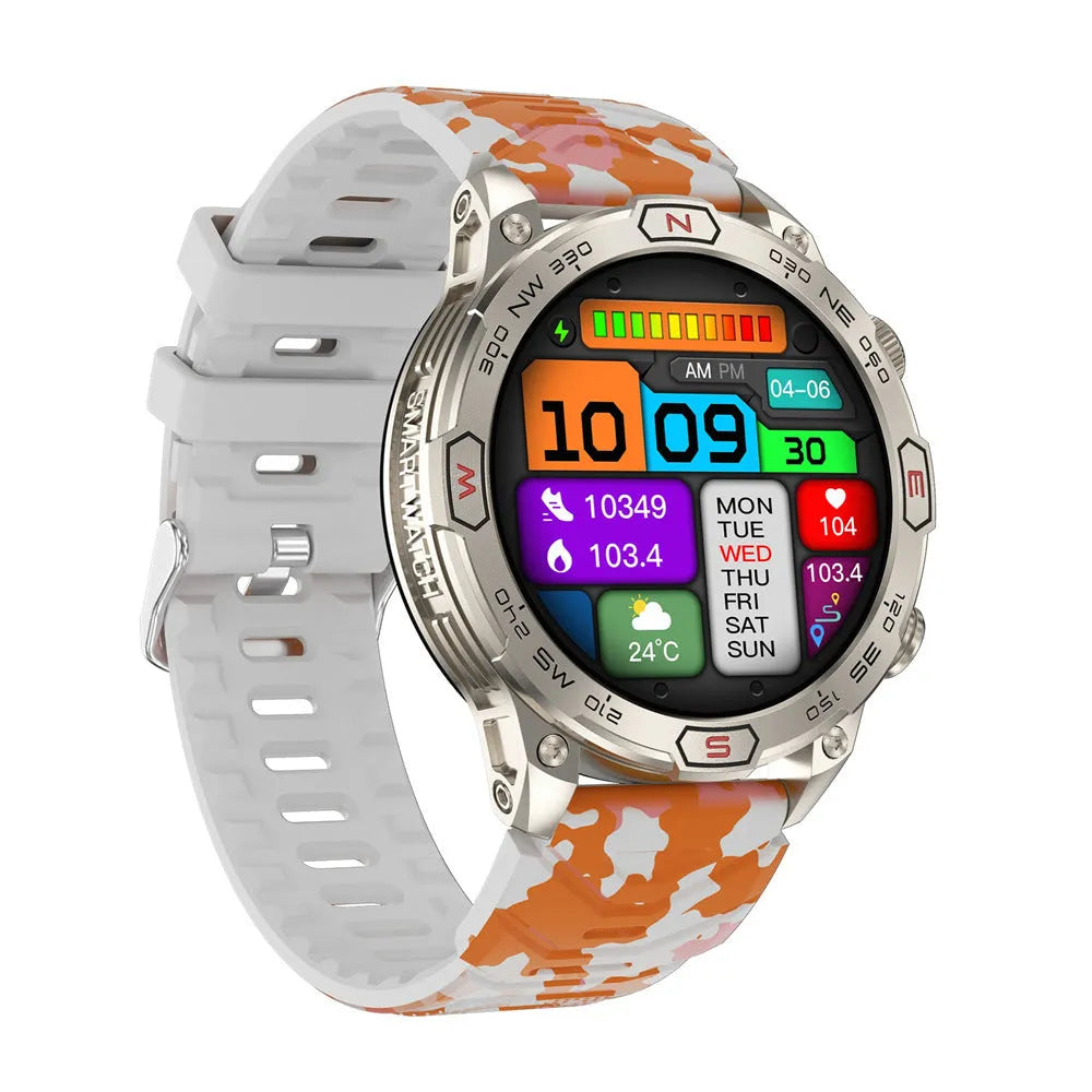 Sports smartwatch with AMOLED screen on wrist showing fitness metrics, zinc alloy case with silicone strap