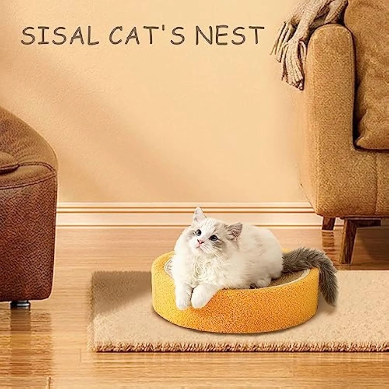 Yellow circular cat scratching board with sisal surface and concave centre for sleeping
