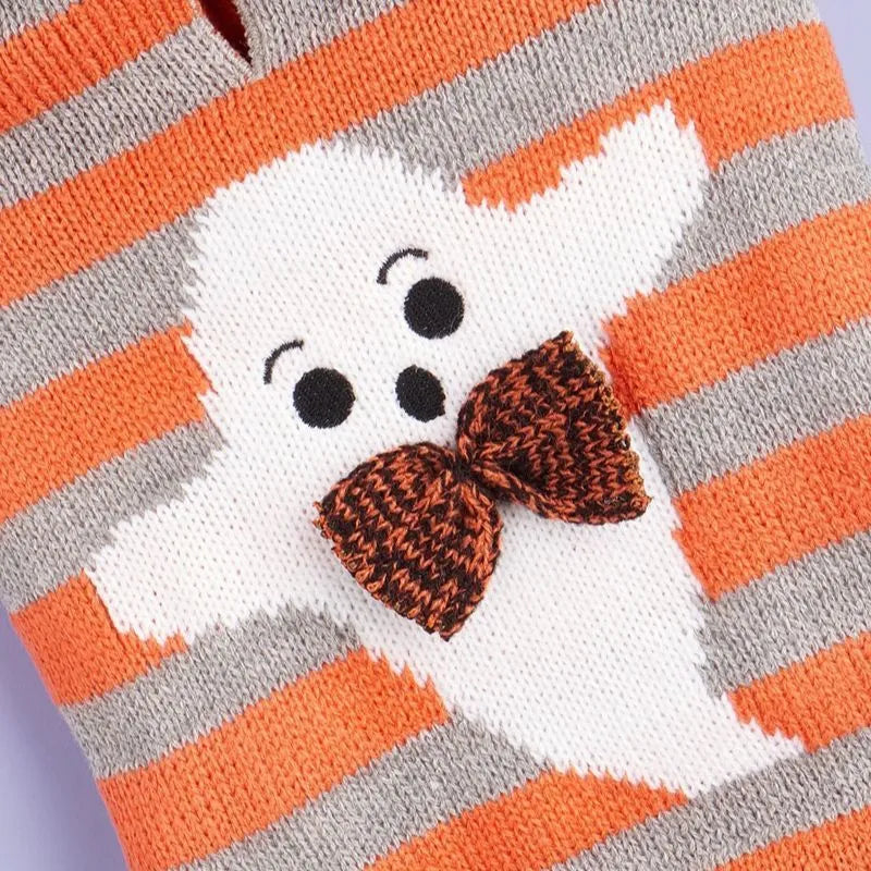 Orange Halloween pet sweater with striped pattern and hooded fur ball design for dogs and cats